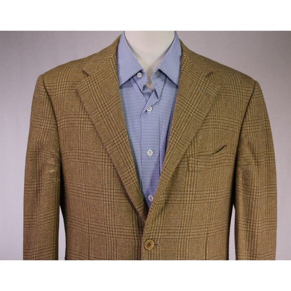 Sartoria Partenopea Brown Gold Plaid Wool Cashmere Patch Pocket Blazer 38S - Picture 3 of 10